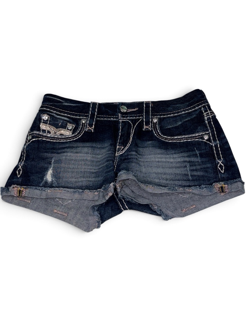 Rock Revival Women’s Size 25 Nancy Shorts Rolled Hem Distressed Dark Wash